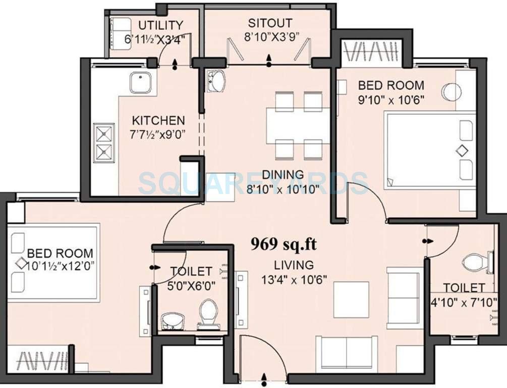 Floor plan of 2 BHK 969 Sq. Ft. Apartment in VGN Amity, Chennai