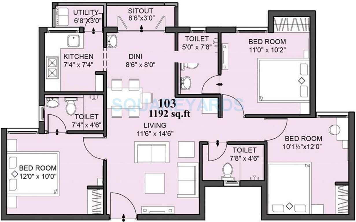 Floor plan of 3 BHK 1192 Sq. Ft. Apartment in VGN Amity, Chennai