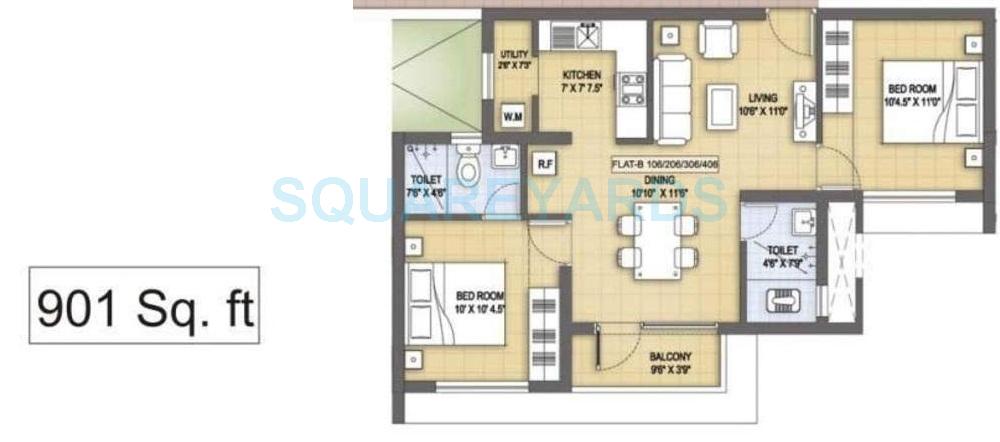 Floor plan of 2 BHK 901 Sq. Ft. Apartment in VGN Aviv Court, Chennai