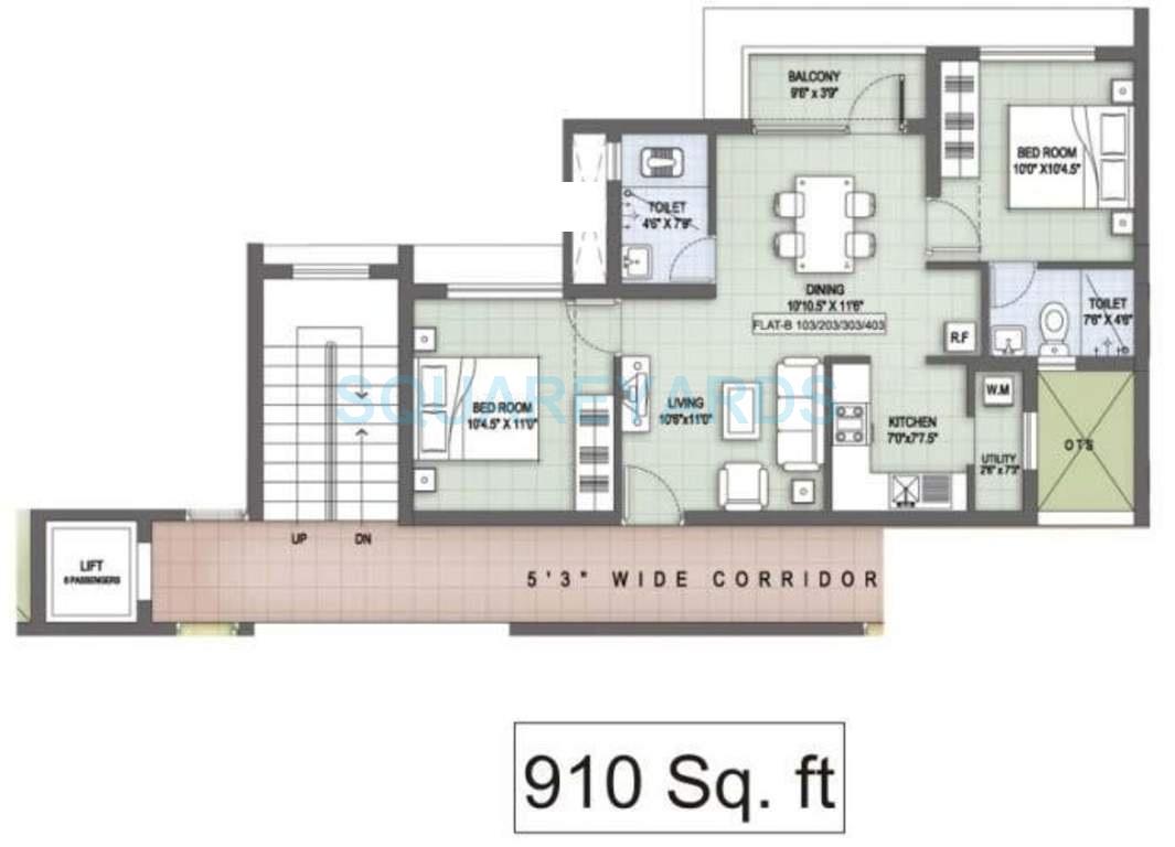 Floor plan of 2 BHK 910 Sq. Ft. Apartment in VGN Aviv Court, Chennai