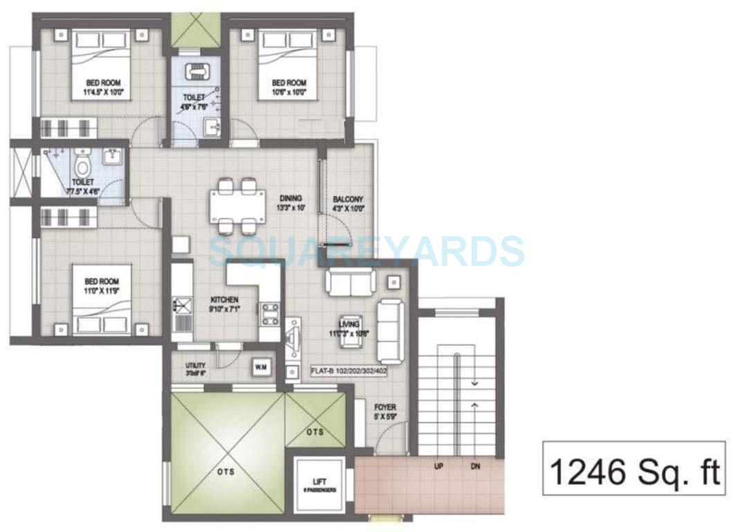 Floor plan of 3 BHK 1246 Sq. Ft. Apartment in VGN Aviv Court, Chennai