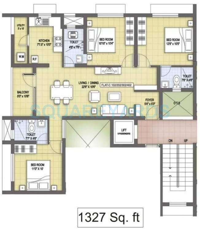 Floor plan of 3 BHK 1327 Sq. Ft. Apartment in VGN Aviv Court, Chennai