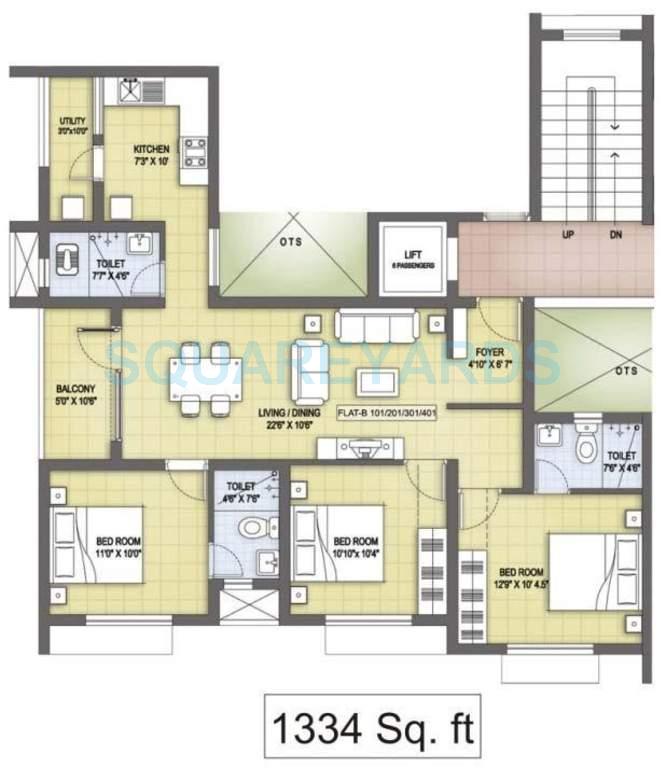 Floor plan of 3 BHK 1334 Sq. Ft. Apartment in VGN Aviv Court, Chennai