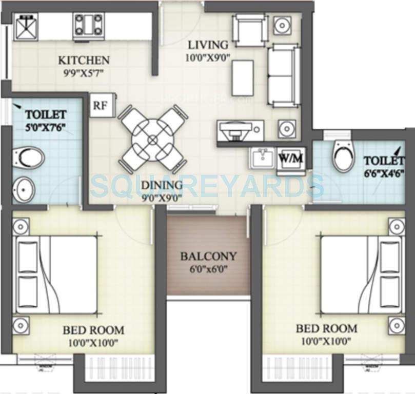 Floor plan of 2 BHK 749 Sq. Ft. Apartment in VGN Brixton, Chennai