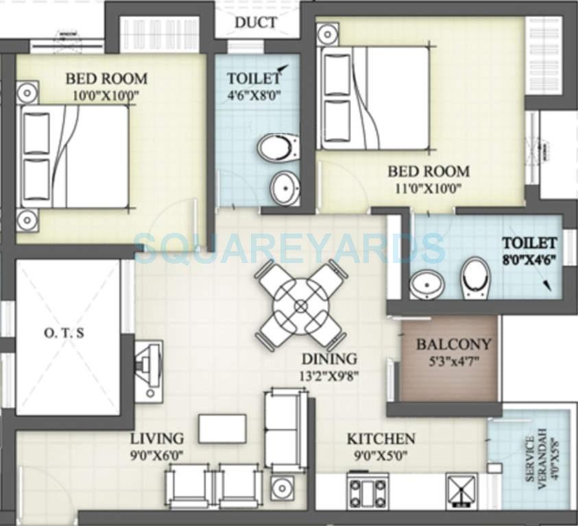 Floor plan of 2 BHK 824 Sq. Ft. Apartment in VGN Brixton, Chennai