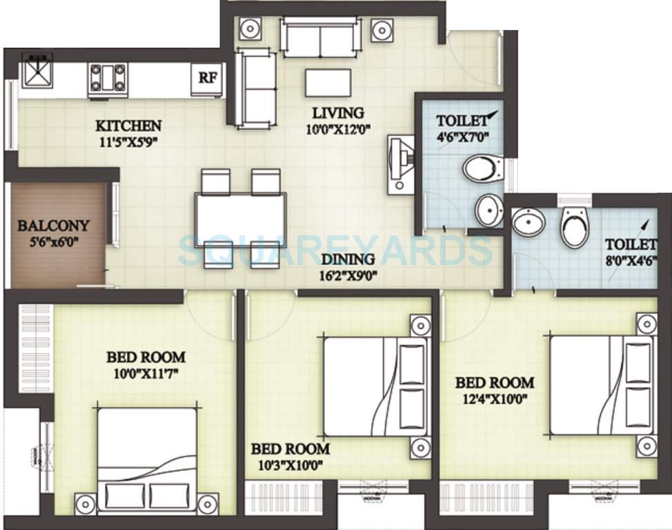 Floor plan of 3 BHK 1016 Sq. Ft. Apartment in VGN Brixton, Chennai