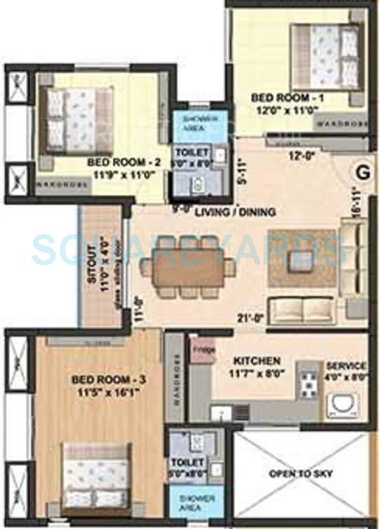Floor plan of 3 BHK 1539 Sq. Ft. Apartment in VGN Coasta, Chennai