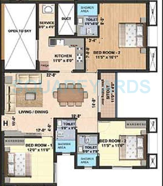 Floor plan of 3 BHK 1685 Sq. Ft. Apartment in VGN Coasta, Chennai