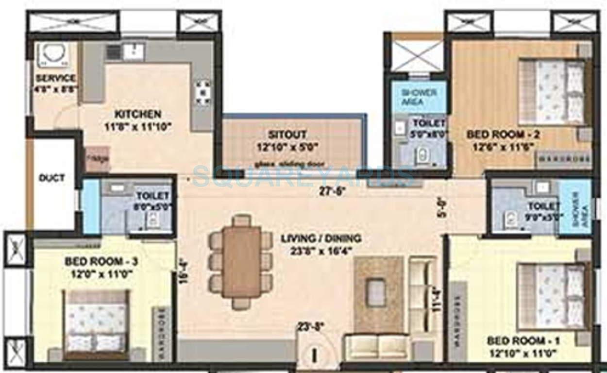 Floor plan of 3 BHK 1789 Sq. Ft. Apartment in VGN Coasta, Chennai