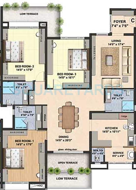 Floor plan of 3 BHK 2536 Sq. Ft. Apartment in VGN Coasta, Chennai
