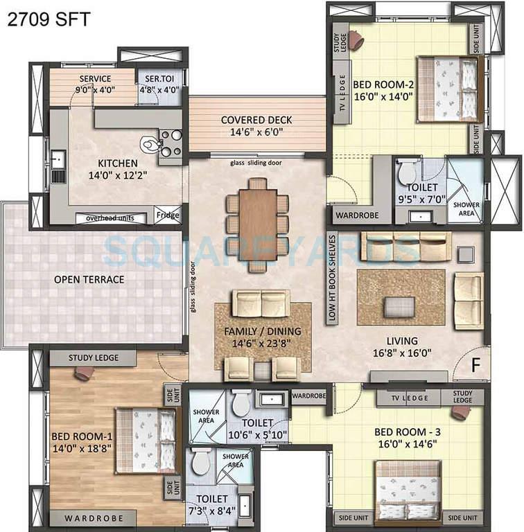 Floor plan of 3 BHK 2709 Sq. Ft. Apartment in VGN Coasta, Chennai
