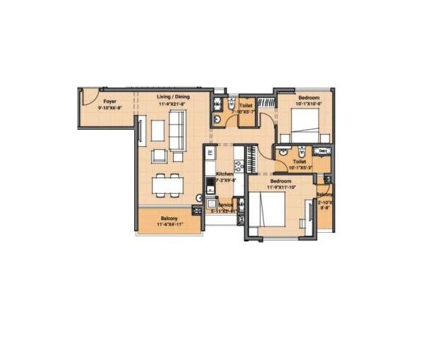 Floor plan of 2 BHK 1297 Sq. Ft. Apartment in VGN Fairmont, Chennai