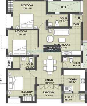 Floor plan of 3 BHK 1137 Sq. Ft. Apartment in VGN Imperia, Chennai