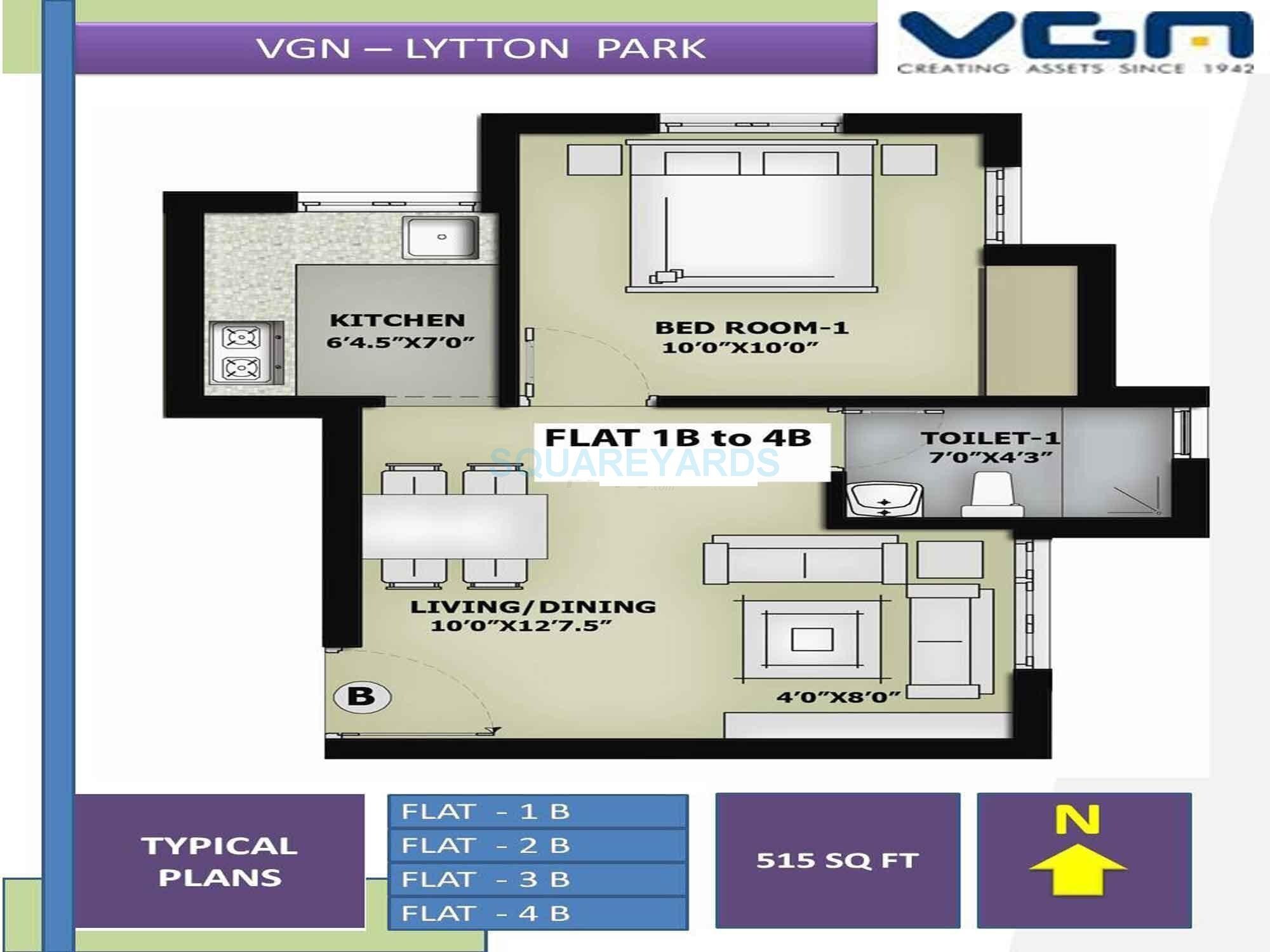 Floor plan of 1 BHK 515 Sq. Ft. Apartment in VGN Lytton Park, Chennai