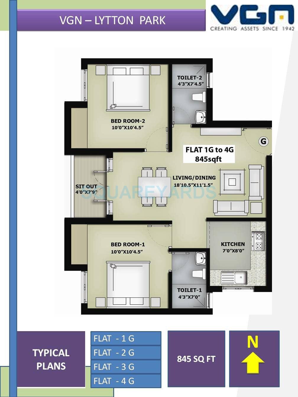 Floor plan of 2 BHK 845 Sq. Ft. Apartment in VGN Lytton Park, Chennai