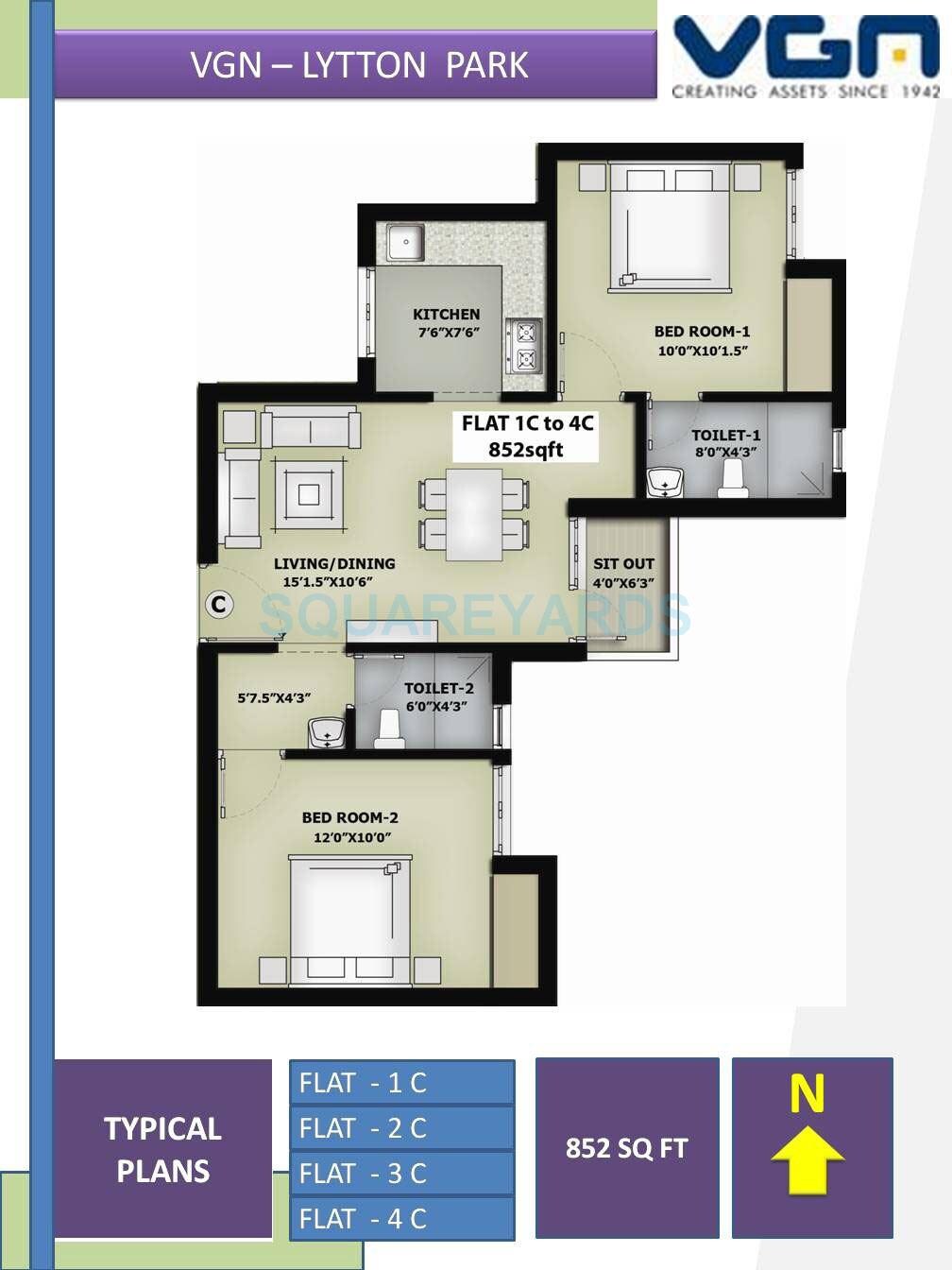 Floor plan of 2 BHK 852 Sq. Ft. Apartment in VGN Lytton Park, Chennai