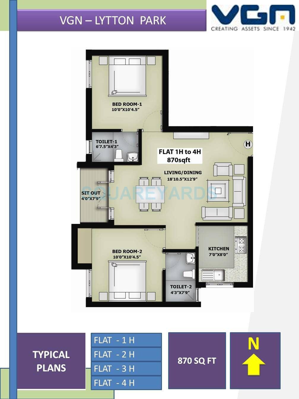 Floor plan of 2 BHK 870 Sq. Ft. Apartment in VGN Lytton Park, Chennai