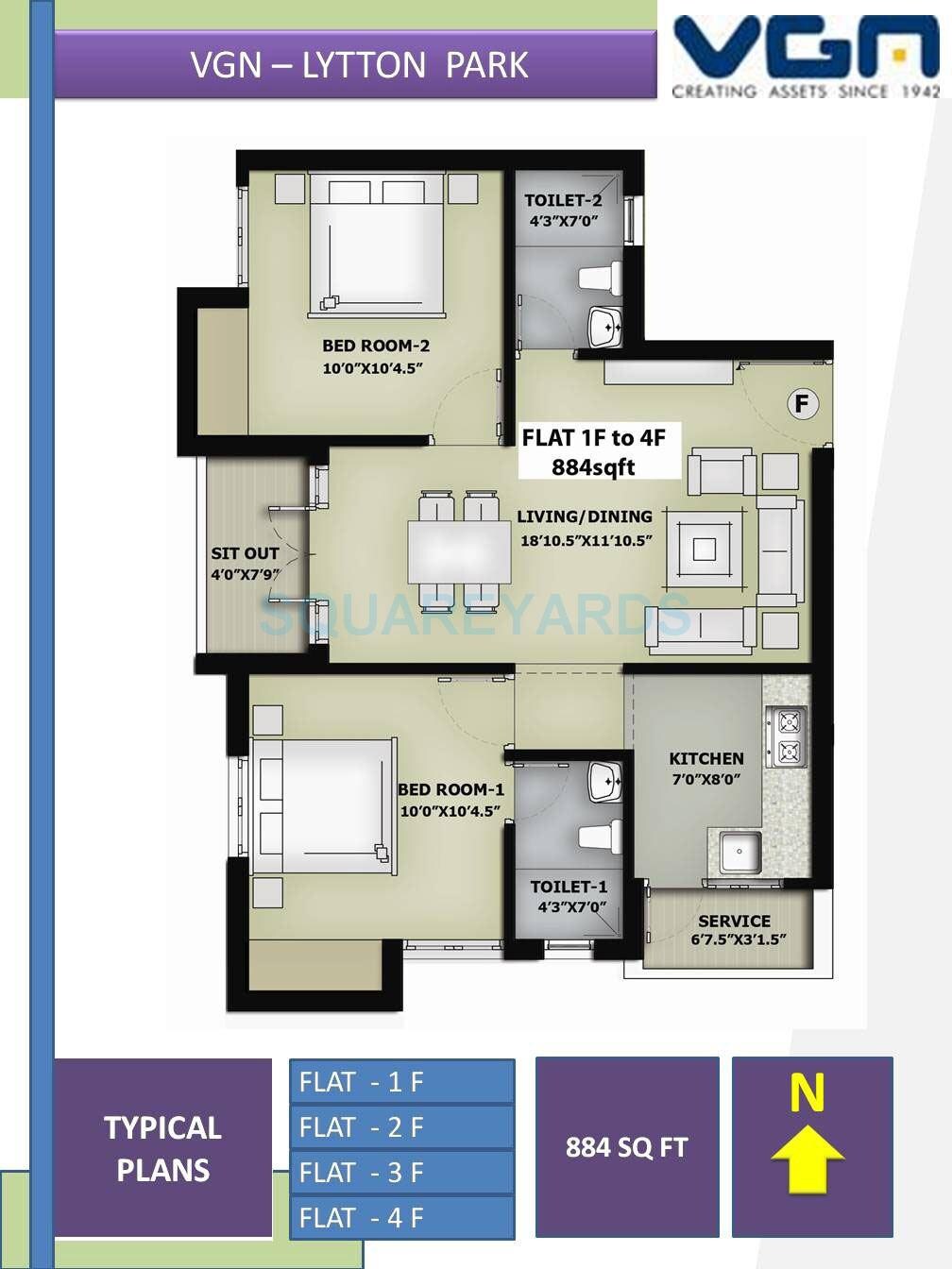 Floor plan of 2 BHK 884 Sq. Ft. Apartment in VGN Lytton Park, Chennai