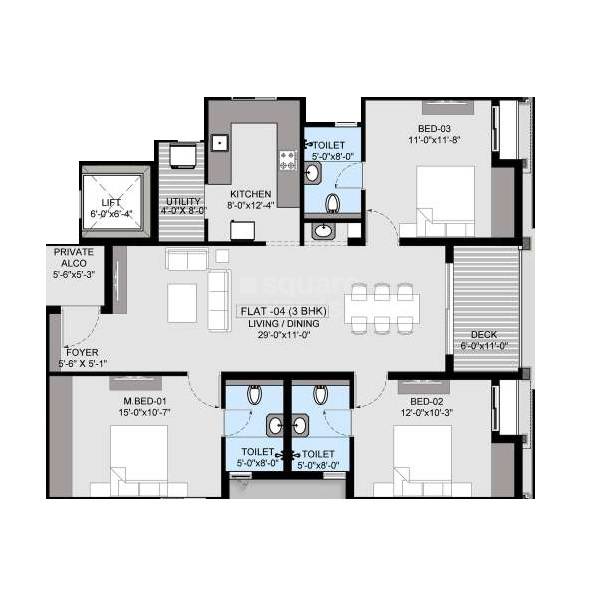Floor plan of 3 BHK 1544 Sq. Ft. Apartment in VGN Marble Arch, Chennai