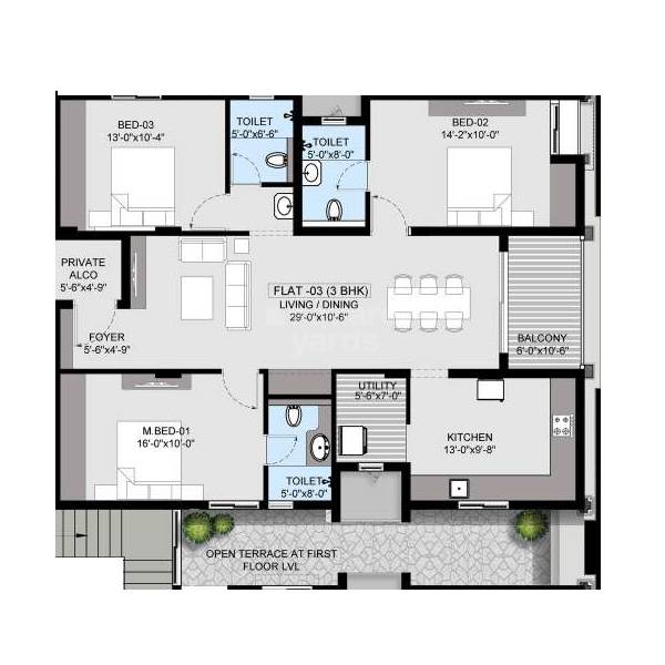 Floor plan of 3 BHK 1665 Sq. Ft. Apartment in VGN Marble Arch, Chennai