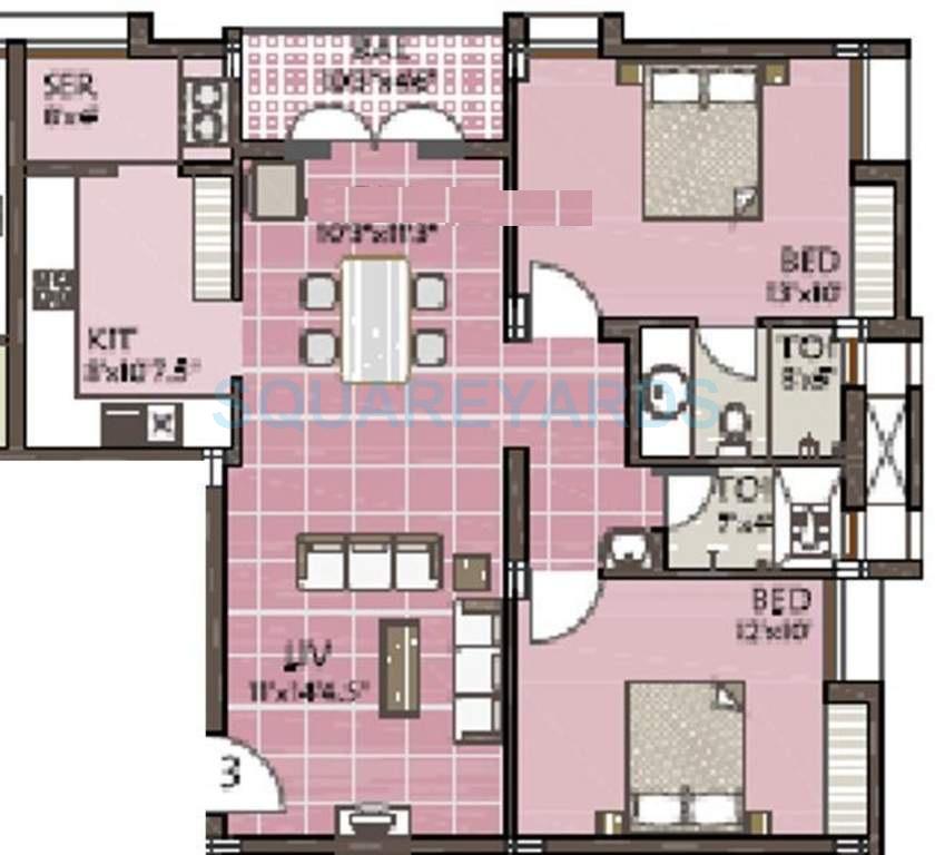 Floor plan of 2 BHK 1094 Sq. Ft. Apartment in VGN Minerva, Chennai