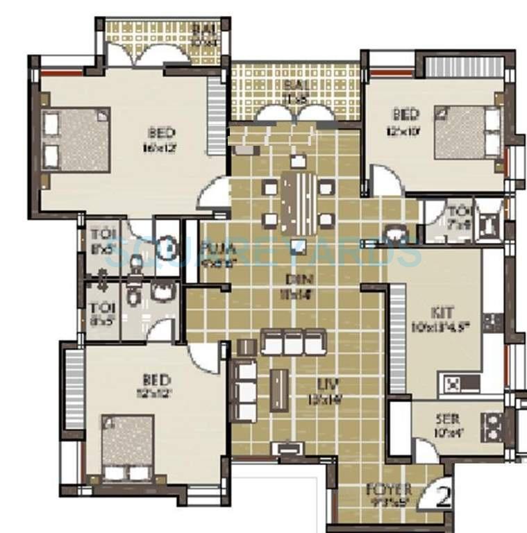 Floor plan of 3 BHK 1769 Sq. Ft. Apartment in VGN Minerva, Chennai
