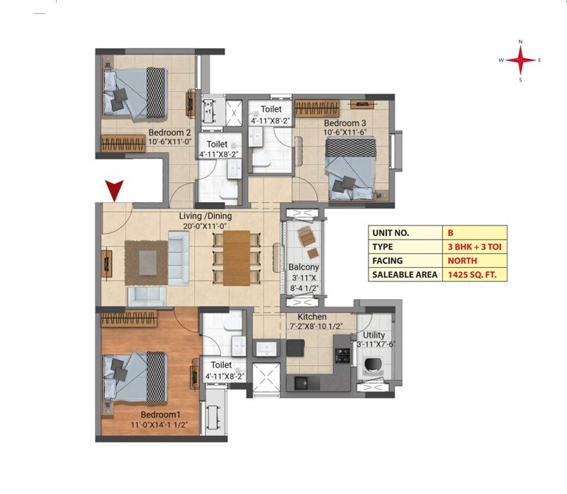 Floor plan of 3 BHK 1425 Sq. Ft. Apartment in VGN Notting Hill, Chennai