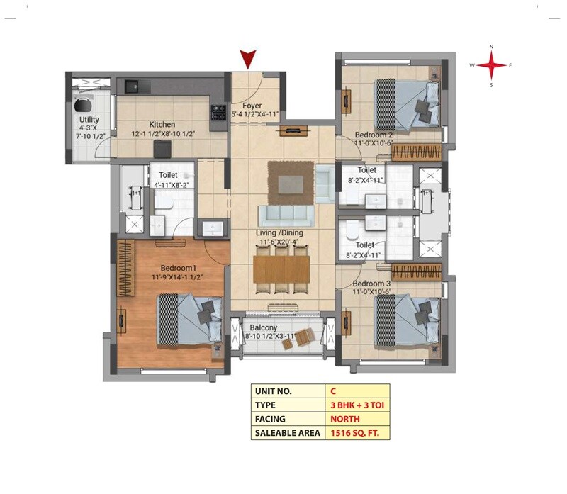 Floor plan of 3 BHK 1516 Sq. Ft. Apartment in VGN Notting Hill, Chennai