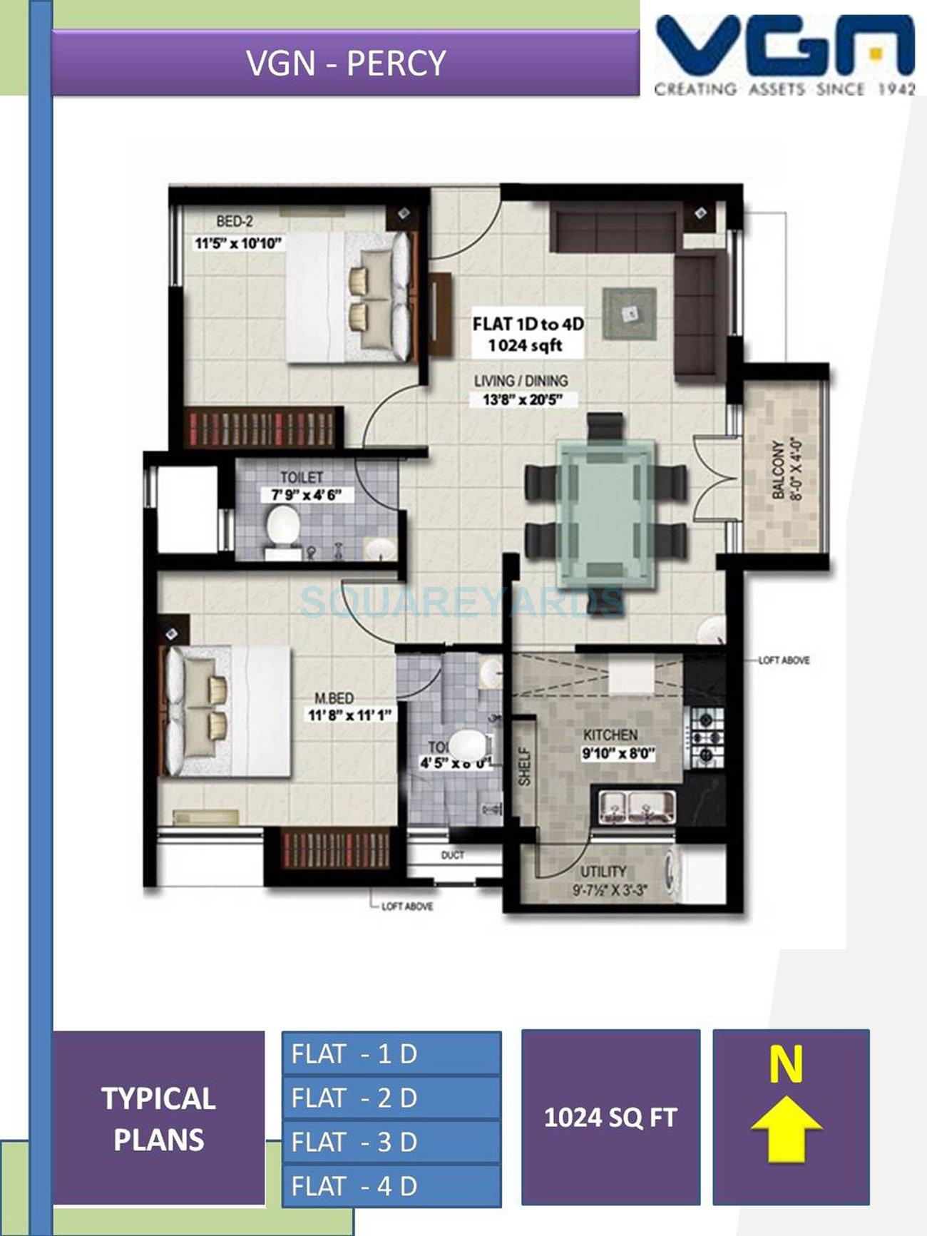Floor plan of 2 BHK 1024 Sq. Ft. Apartment in VGN Percy, Chennai