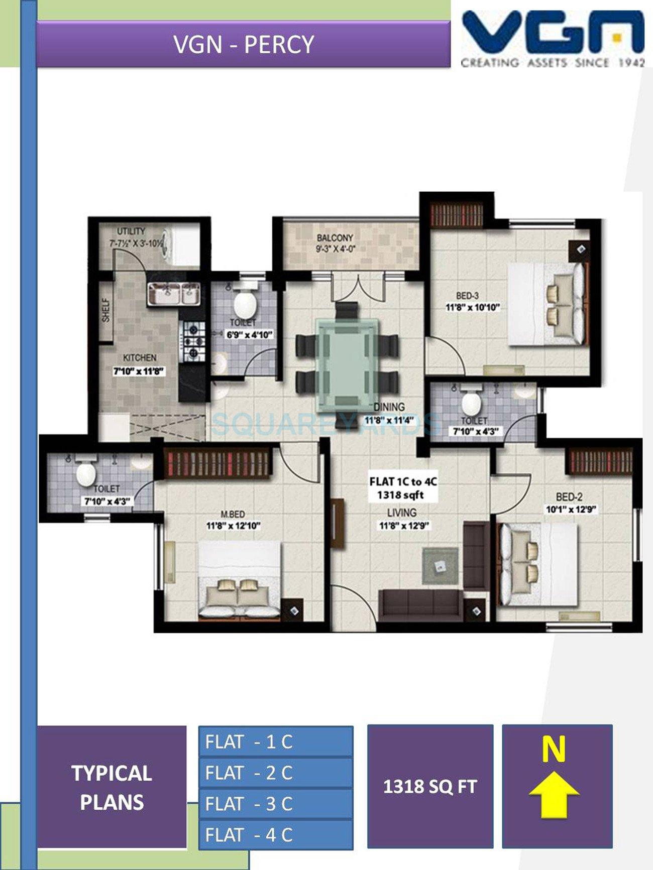 Floor plan of 2 BHK 1025 Sq. Ft. Apartment in VGN Percy, Chennai