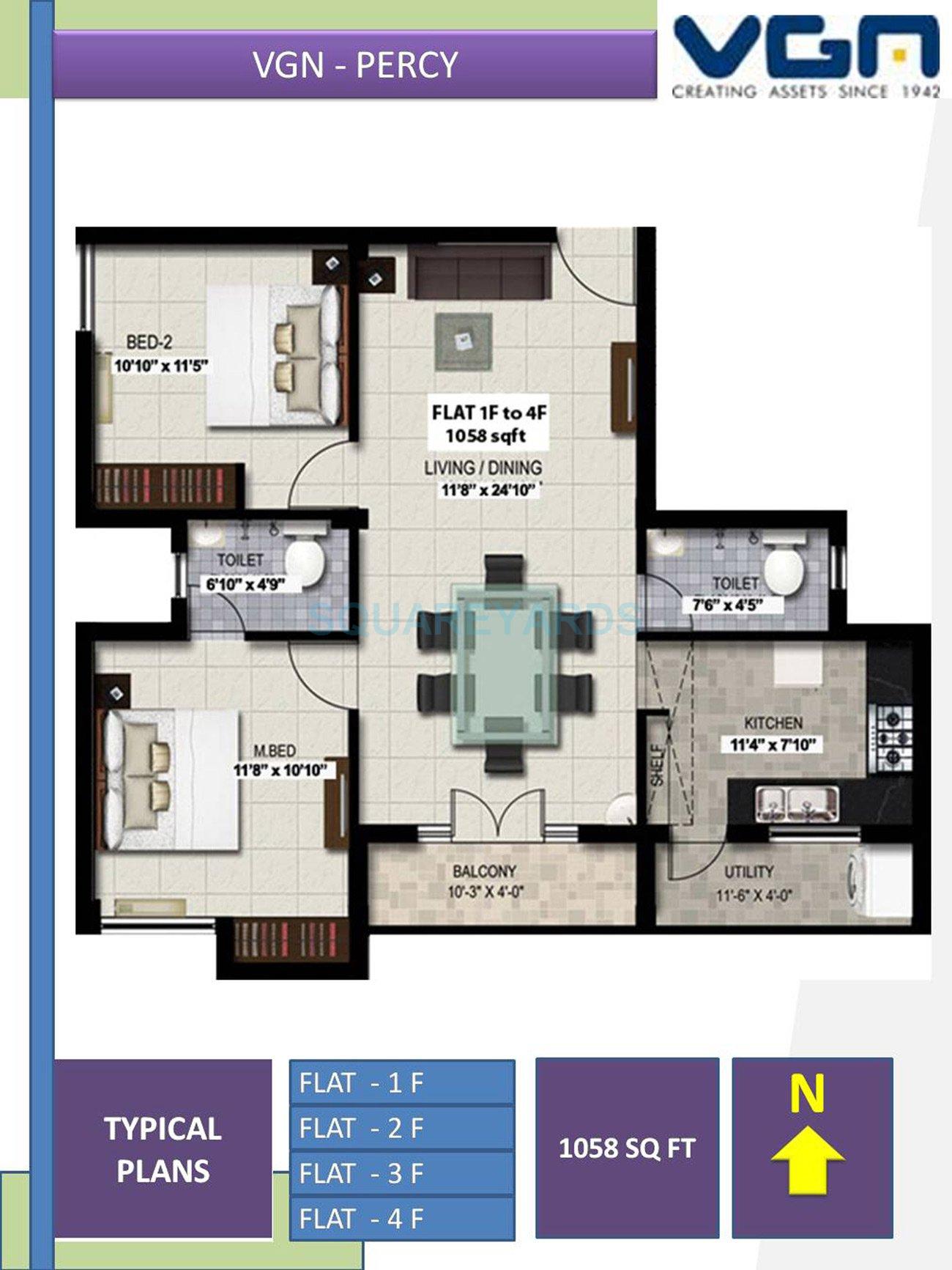Floor plan of 2 BHK 1058 Sq. Ft. Apartment in VGN Percy, Chennai