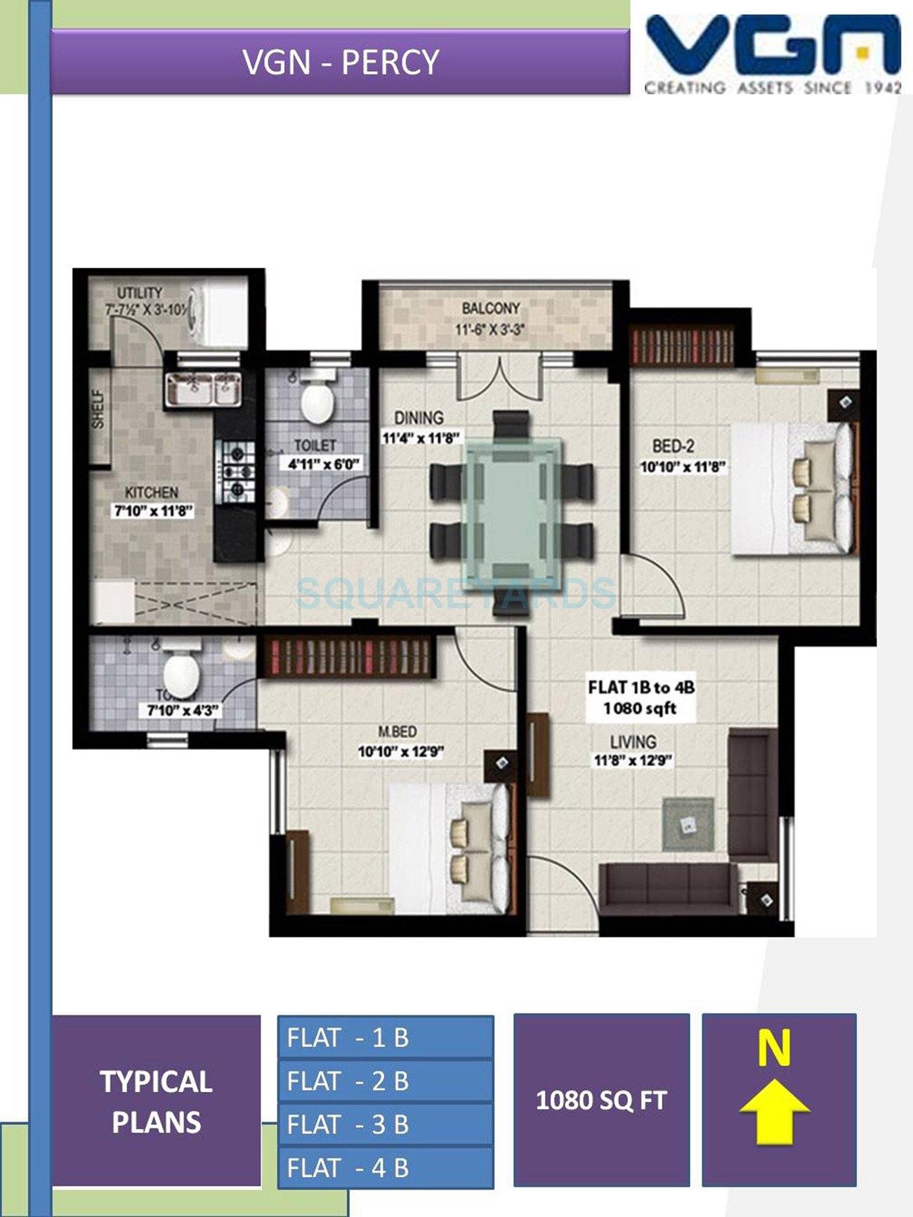 Floor plan of 2 BHK 1080 Sq. Ft. Apartment in VGN Percy, Chennai