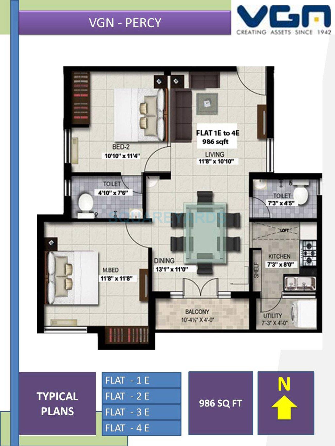 Floor plan of 2 BHK 986 Sq. Ft. Apartment in VGN Percy, Chennai