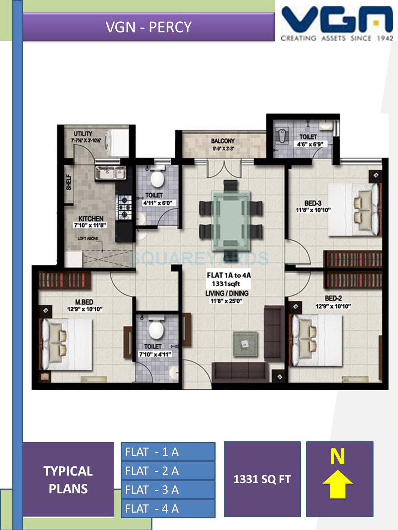 Floor plan of 3 BHK 1331 Sq. Ft. Apartment in VGN Percy, Chennai