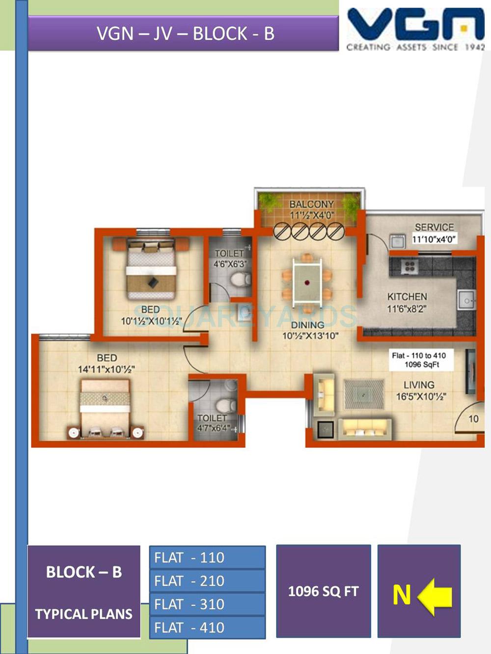 Floor plan of 2 BHK 1096 Sq. Ft. Apartment in VGN Raksha, Chennai