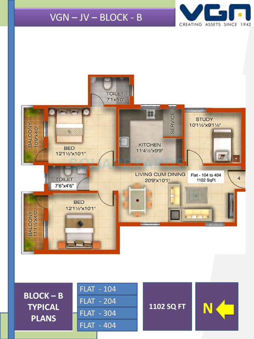 Floor plan of 2 BHK 1102 Sq. Ft. Apartment in VGN Raksha, Chennai