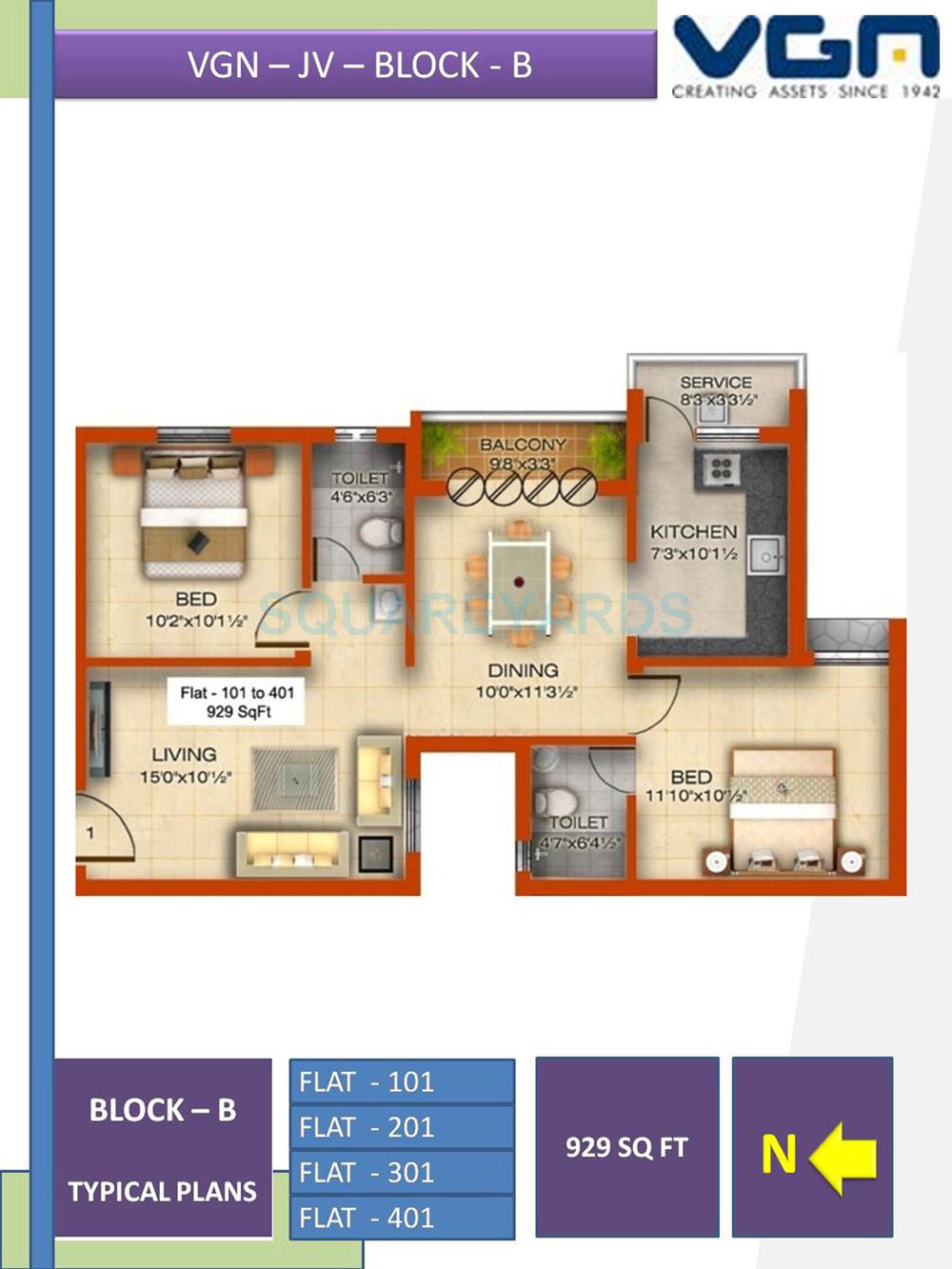 Floor plan of 2 BHK 929 Sq. Ft. Apartment in VGN Raksha, Chennai