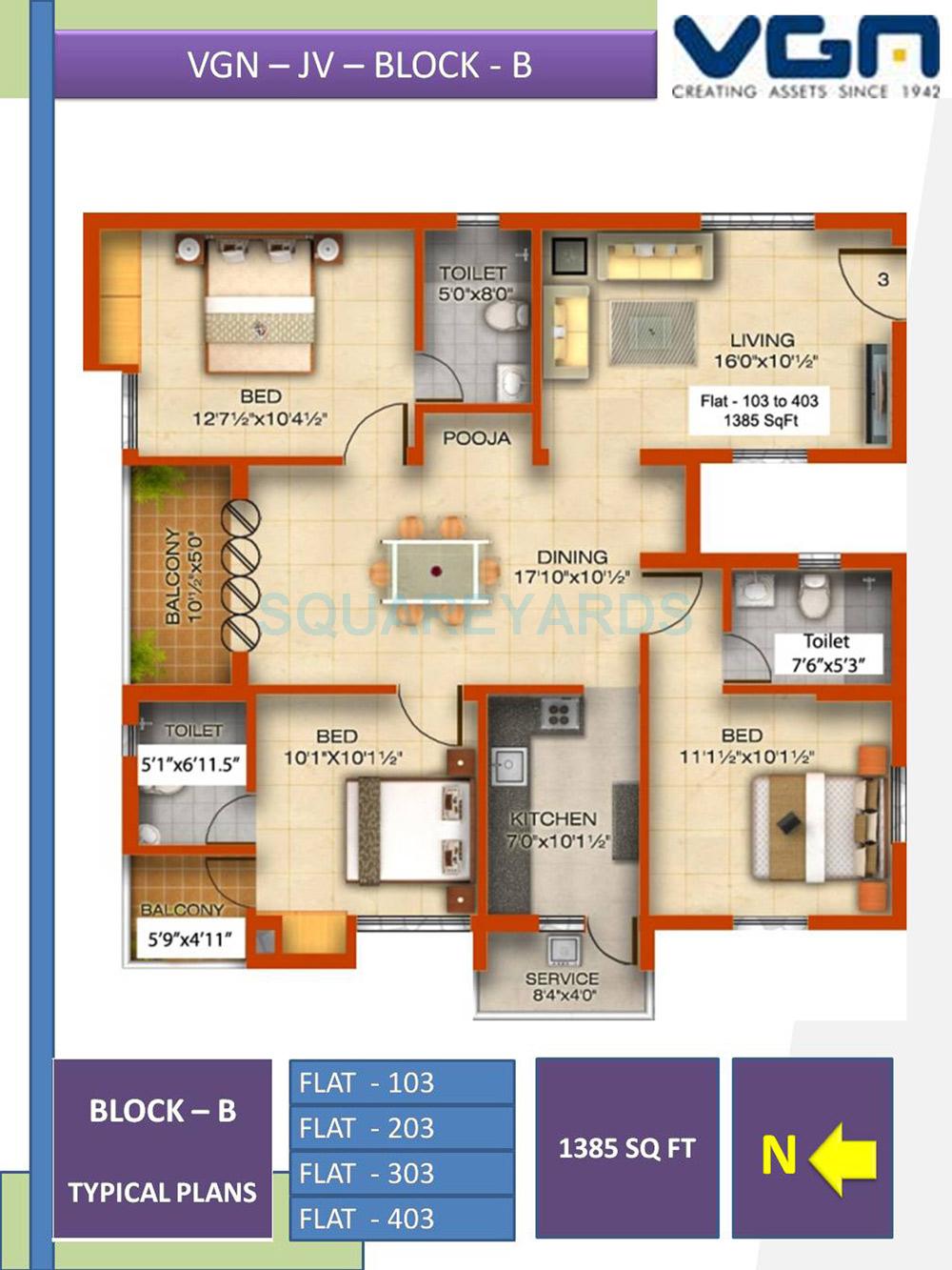 Floor plan of 3 BHK 1385 Sq. Ft. Apartment in VGN Raksha, Chennai
