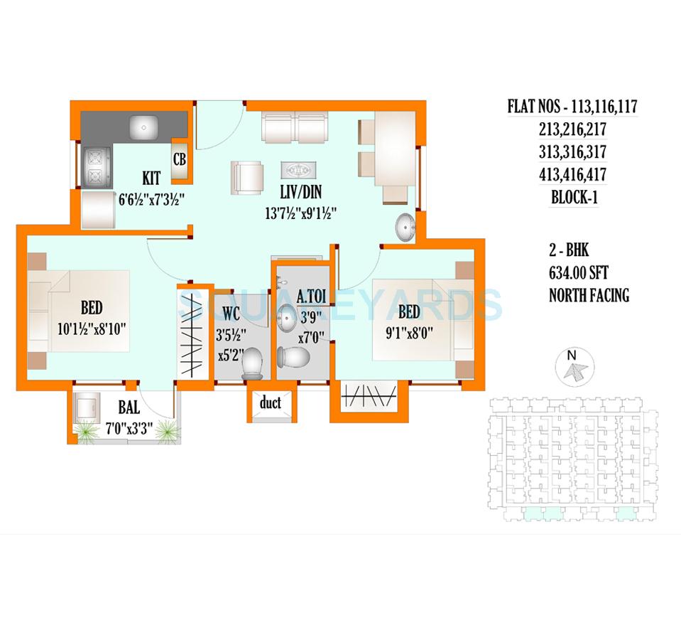 Floor plan of 2 BHK 634 Sq. Ft. Apartment in VGN Royale, Chennai
