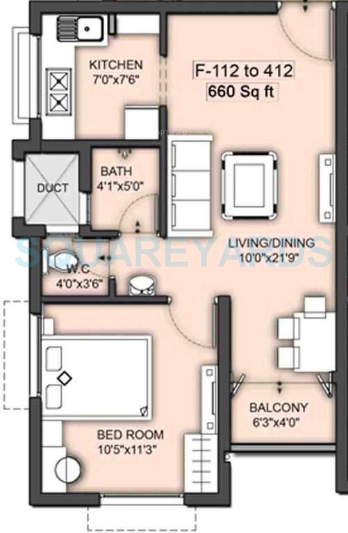 Floor plan of 1 BHK 660 Sq. Ft. Apartment in VGN Southern Avenue, Chennai
