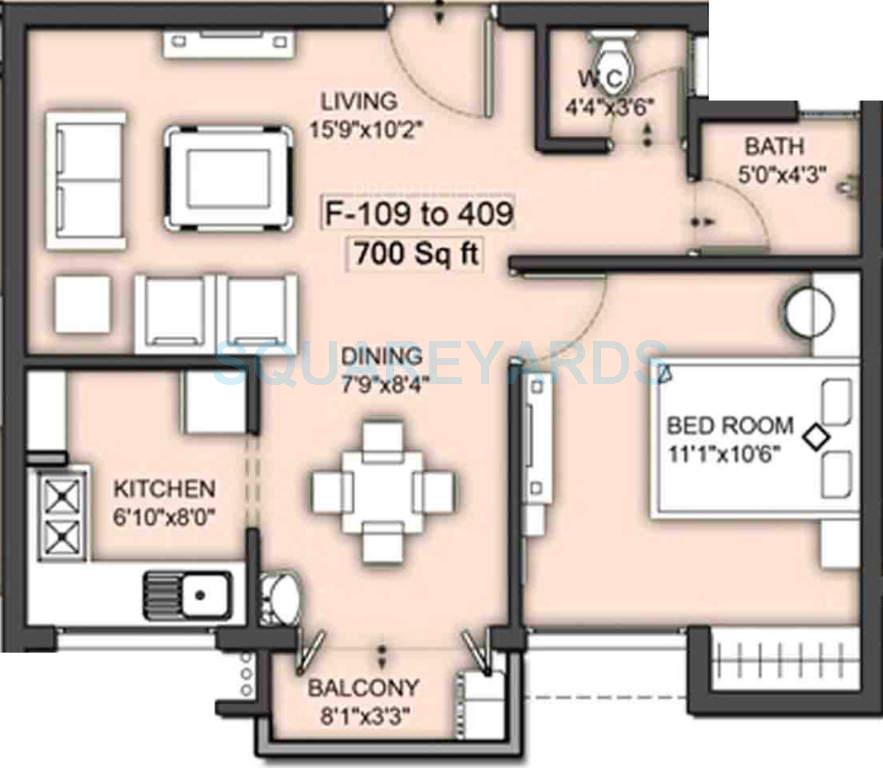 Floor plan of 1 BHK 700 Sq. Ft. Apartment in VGN Southern Avenue, Chennai