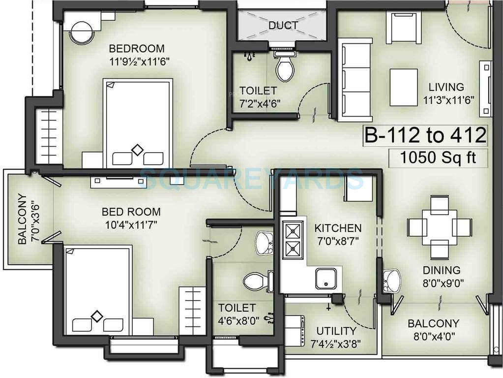 Floor plan of 2 BHK 1050 Sq. Ft. Apartment in VGN Southern Avenue, Chennai