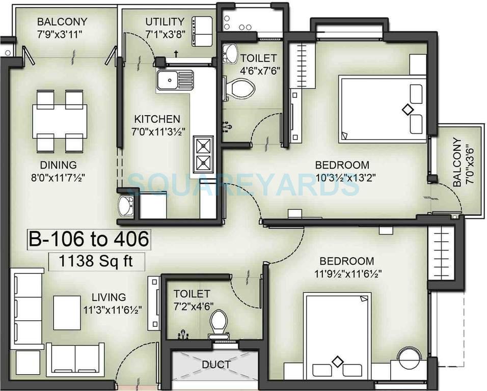 Floor plan of 2 BHK 1138 Sq. Ft. Apartment in VGN Southern Avenue, Chennai