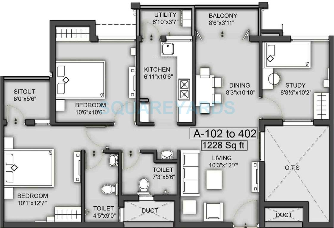 Floor plan of 2 BHK 1228 Sq. Ft. Apartment in VGN Southern Avenue, Chennai