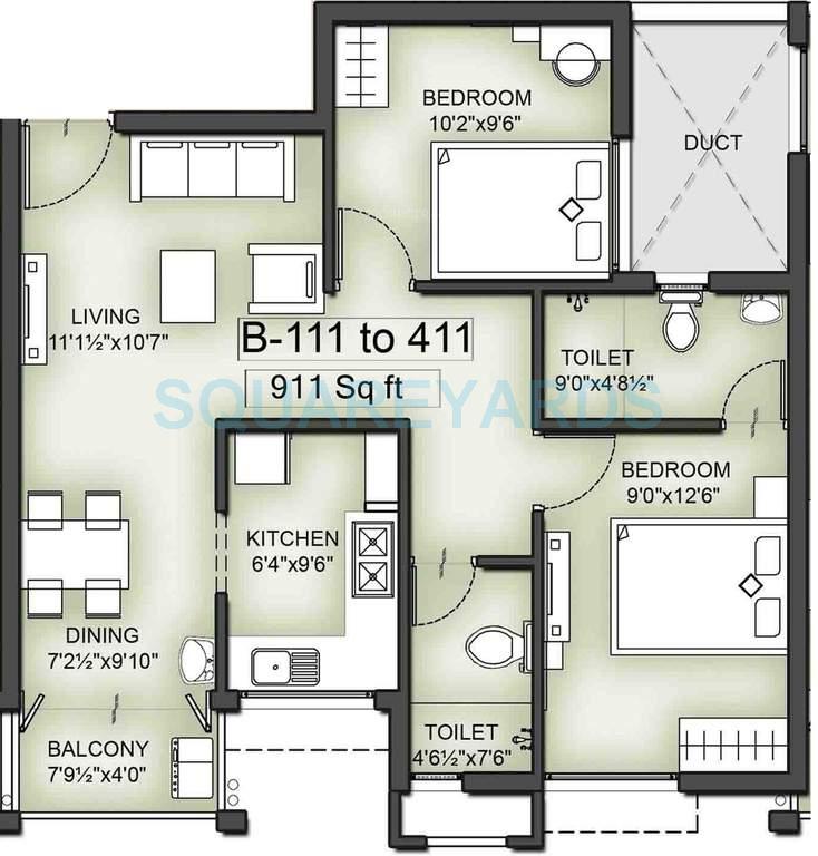 Floor plan of 2 BHK 911 Sq. Ft. Apartment in VGN Southern Avenue, Chennai