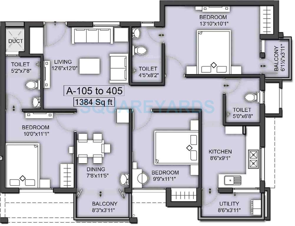 Floor plan of 3 BHK 1384 Sq. Ft. Apartment in VGN Southern Avenue, Chennai
