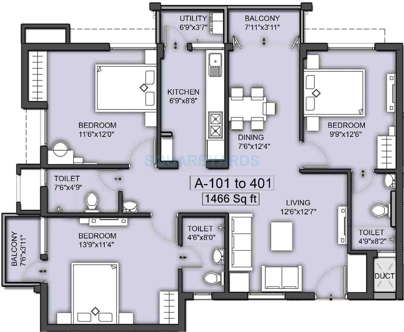 Floor plan of 3 BHK 1466 Sq. Ft. Apartment in VGN Southern Avenue, Chennai