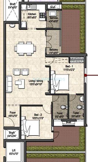Floor plan of 2 BHK 1159 Sq. Ft. Apartment in VGN Stafford, Chennai