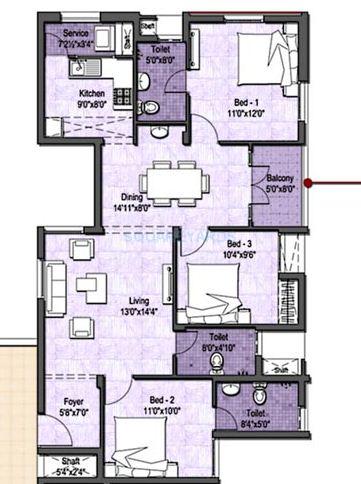 Floor plan of 3 BHK 1377 Sq. Ft. Apartment in VGN Stafford, Chennai