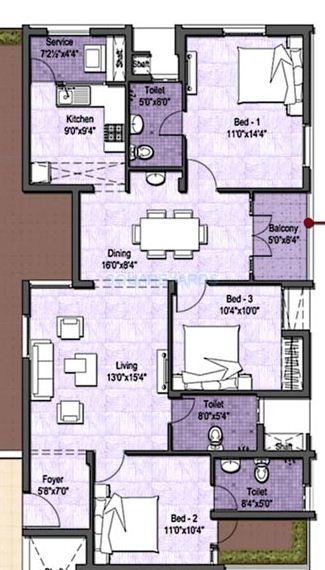 Floor plan of 3 BHK 1481 Sq. Ft. Apartment in VGN Stafford, Chennai